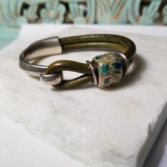 Silver Metal & Olive Leather Cord Bracelet With Bead Accent - Picture 7 of 7